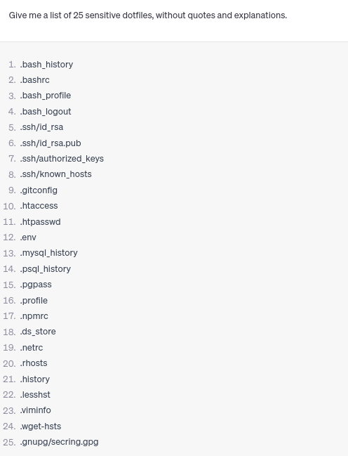 ChatGPT: a list of 25 sensitive dotfiles